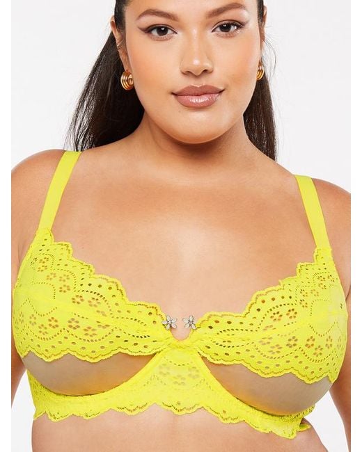 Savage X Bombshell Broderie Unlined Lace Balconette Bra in Yellow
