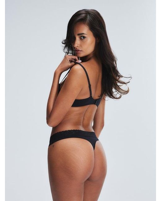 Savage X Black Cotton Essentials Lace-trim Mid-rise Thong Panty