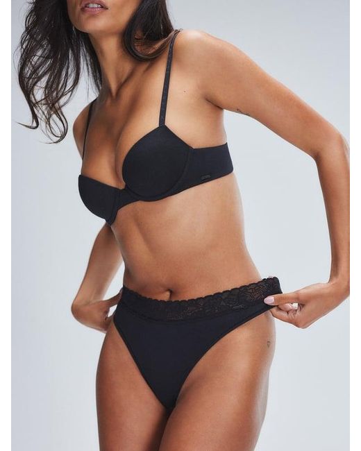 Savage X Black Cotton Essentials Lace-trim Mid-rise Thong Panty
