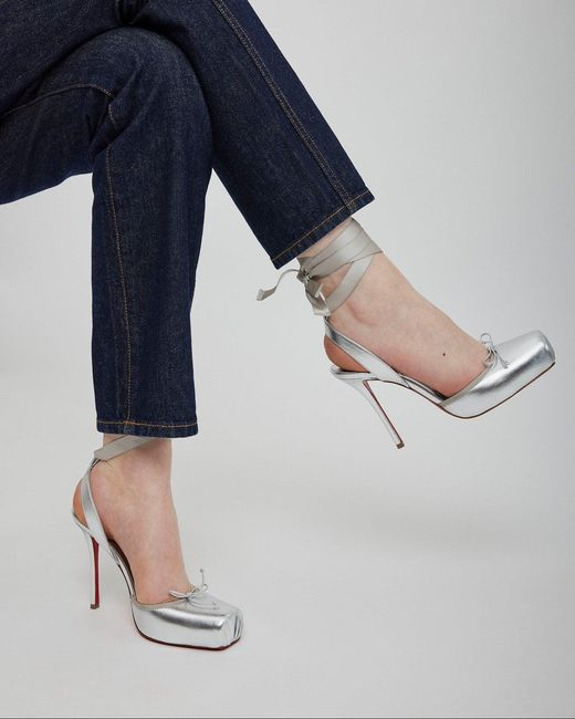 Christian Louboutin White Cassia Lace Up 100 Silver Pumps