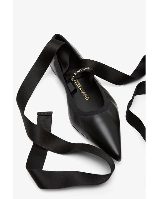 Ferragamo Ankle Ribbon Black Ballet Flats