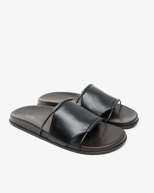 The Row White Vivienne Black Leather Slides