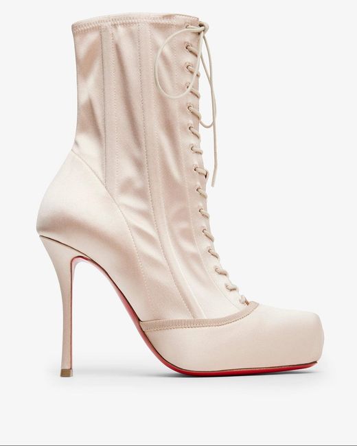 Christian Louboutin White Pavlova 100 Lace Up Blush Satin Boots
