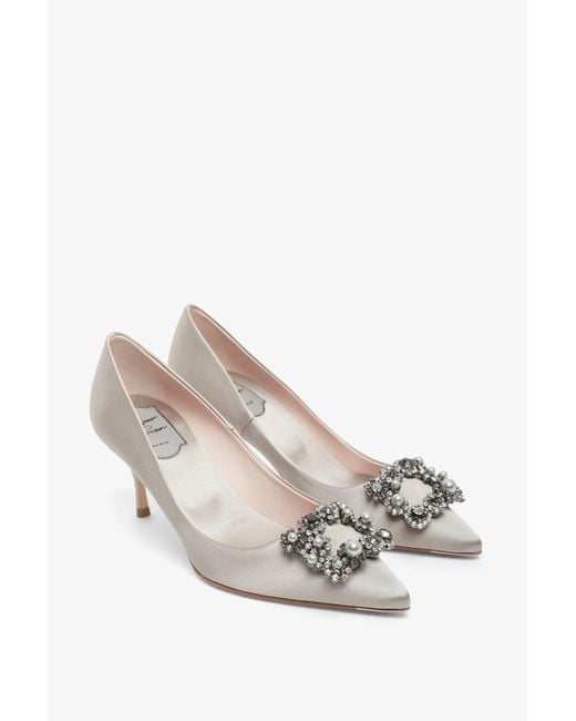 Roger Vivier White Flower 65 Beige Strass Satin Pumps