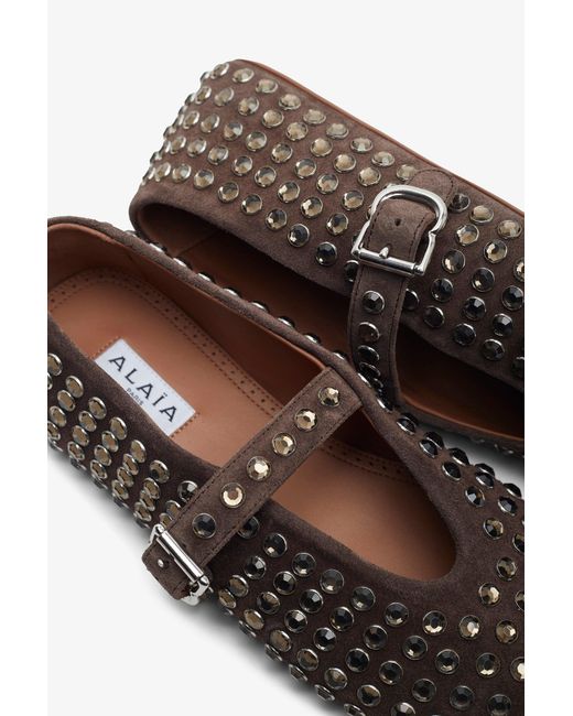Alaïa White Embellished Brown Suede Ballet Flats