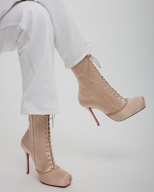 Christian Louboutin White Pavlova 100 Lace Up Blush Satin Boots