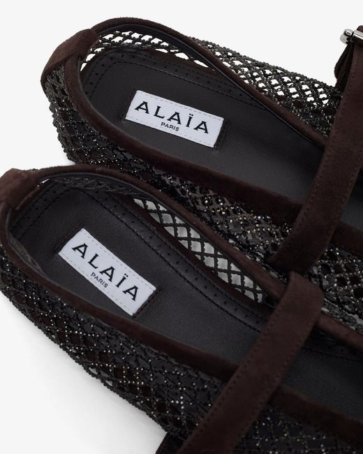 Alaïa White Strass Mesh Brown Suede Ballet Flats