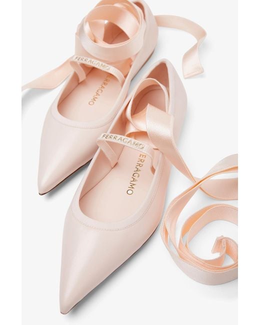 Ferragamo White Ankle Ribbon Pink Ballet Flats