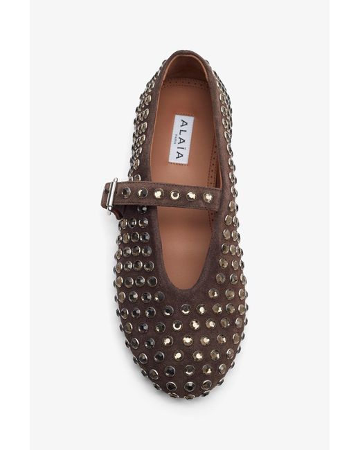 Alaïa White Embellished Brown Suede Ballet Flats
