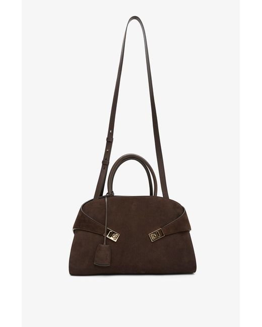 Ferragamo Hug M Brown Suede Top Handle Bag