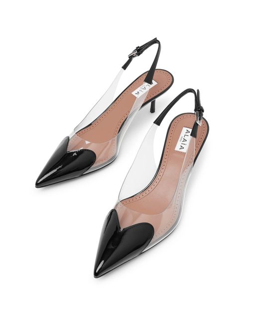 Alaïa White Coeur 55 Black Patent Slingbacks