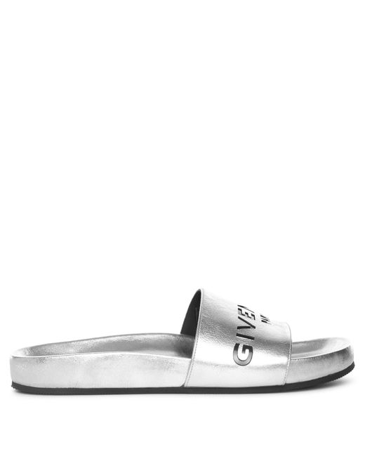 Givenchy White Metallic Silver Leather Pool Slides