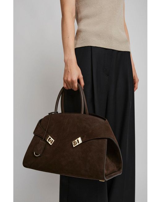 Ferragamo Hug M Brown Suede Top Handle Bag