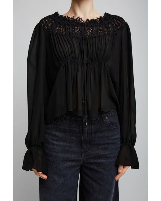 Chloé Black Scoop-neck Cropped Top In Silk Georgette & Lace