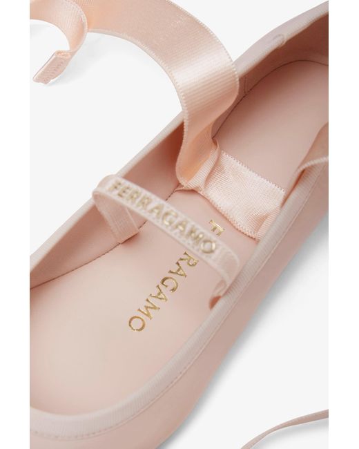 Ferragamo White Ankle Ribbon Pink Ballet Flats