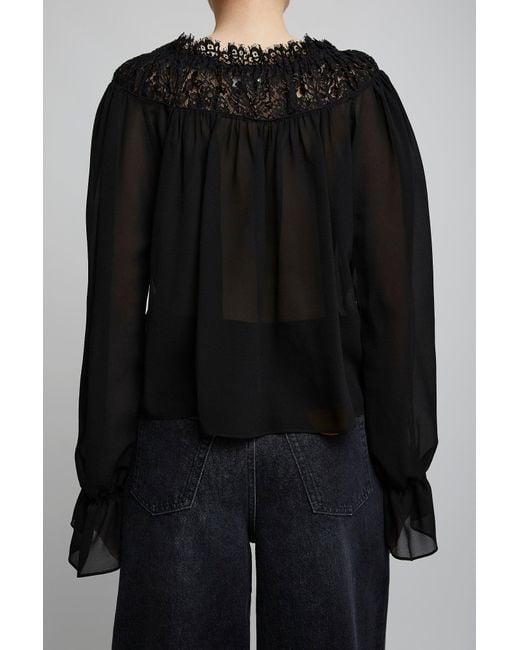 Chloé Black Scoop-neck Cropped Top In Silk Georgette & Lace