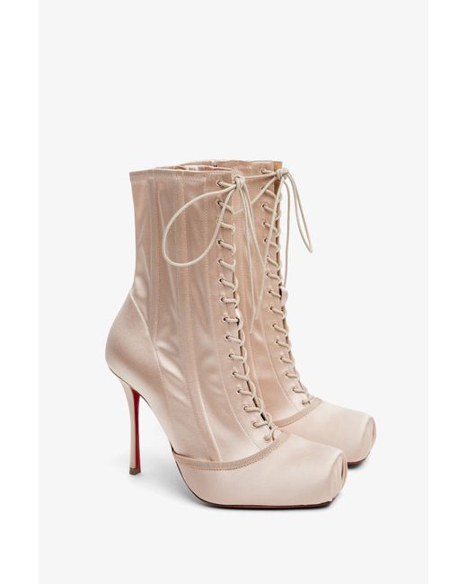 Christian Louboutin White Pavlova 100 Lace Up Blush Satin Boots