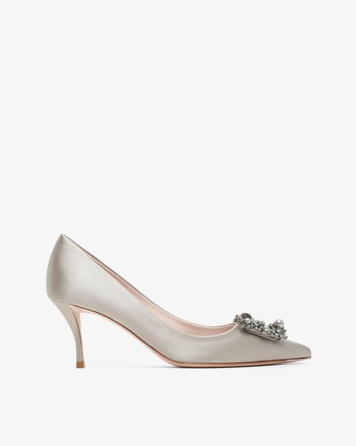 Roger Vivier White Flower 65 Beige Strass Satin Pumps