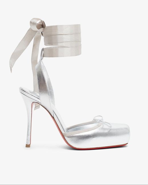 Christian Louboutin White Cassia Lace Up 100 Silver Pumps