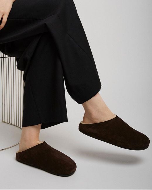 The Row Brown Hudson Suede And Shearling Slides