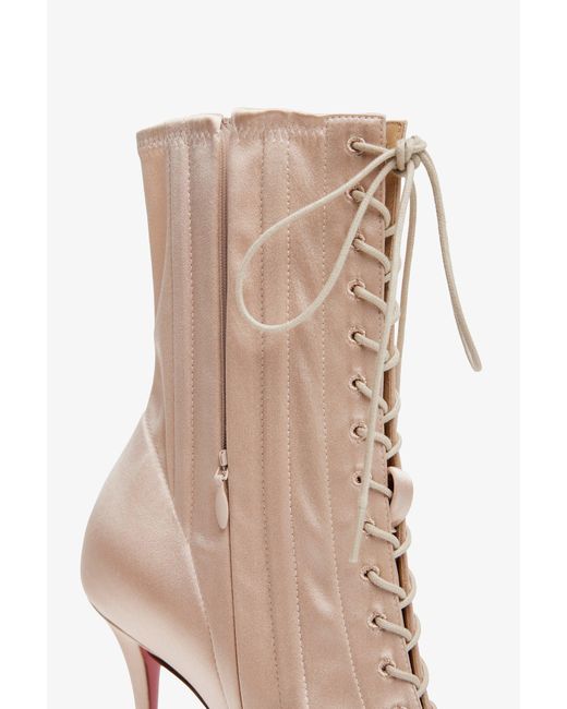 Christian Louboutin White Pavlova 100 Lace Up Blush Satin Boots