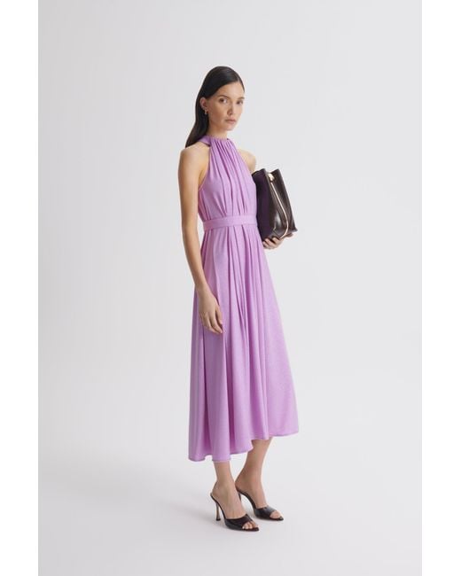 purple tinsel dress Scanlan Theodore Tinsel Turban Neck Gown in Purple