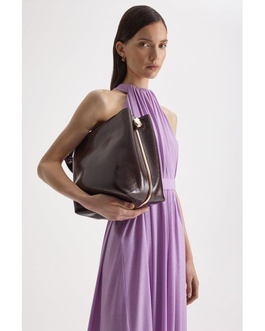 purple tinsel dress Scanlan Theodore Tinsel Turban Neck Gown in Purple