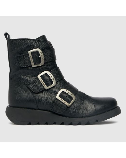 Fly London Black Sach Triple Buckle Boots In