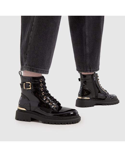 Schuh Black Ashley Patent Strap Lace Boots In