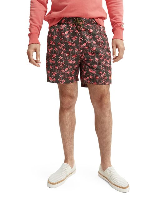 Scotch & Soda Red Mid-Length Printed Swim Shorts for men