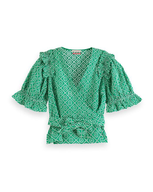 Scotch & Soda Green Broderie Anglaise Wrap Top