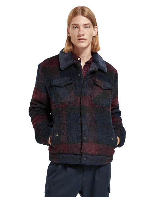 Scotch & Soda Blue Jacquard Trucker Jacket With Teddy Collar for men