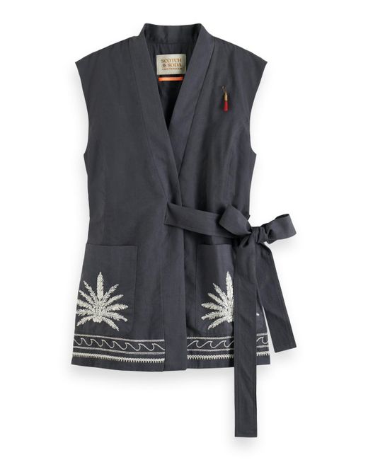 Scotch & Soda Black Belted Gilet With Palm Embroidery