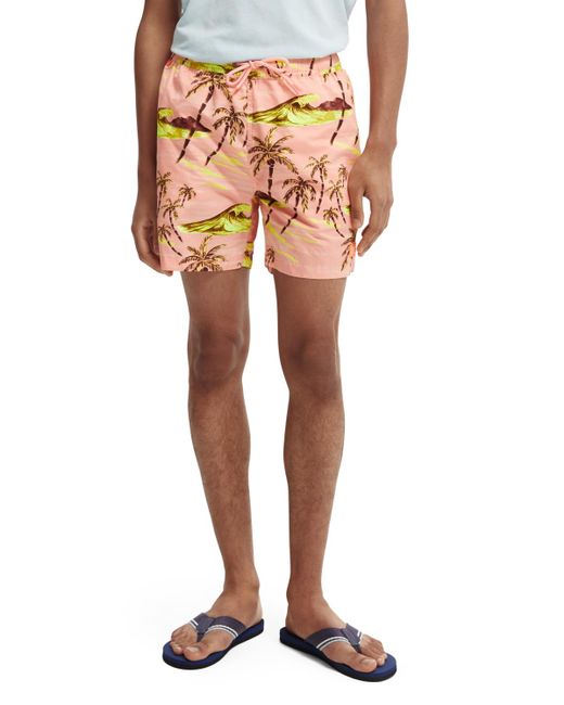 Scotch & Soda Orange Mid-Length Printed Swim Shorts for men