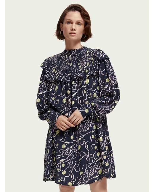 Scotch & Soda Synthetic Frilled Long Sleeved Dress With Smocked Collar ...