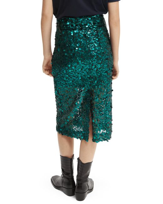 Scotch & Soda Green Sequin-Embellished Pencil Midi Skirt