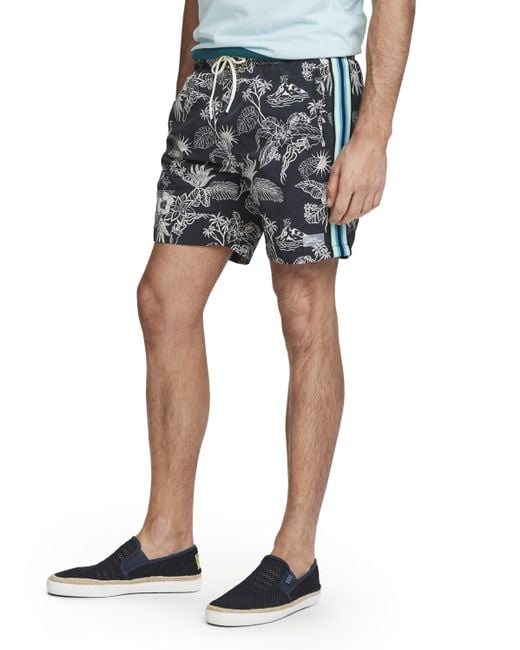 Scotch & Soda Blue Printed Swim Shorts With Side Tapes for men