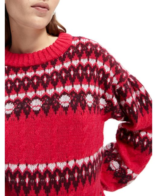 Scotch & Soda Red Cable Knit Fair Isle Sweater
