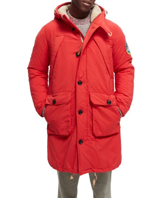 Scotch & Soda Red 'Water-Repellent Long-Length Parka for men