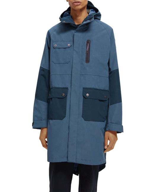 Scotch & Soda Blue Water-Repellent Colour-Block Raincoat With Removable Vest