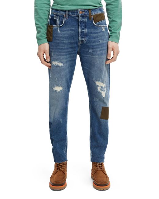 Scotch & Soda Blue The Dean Loose Tapered-Fit Patchwork Jeans for men