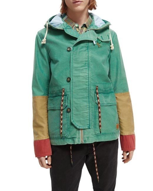 Scotch & Soda Green Organic Washed Colour Block Hooded Jacket for men