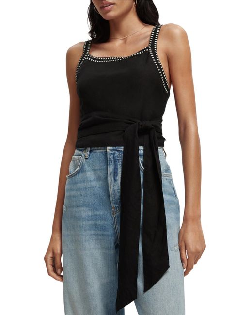 Scotch & Soda Black Cropped Layering Top With Embroidery Details