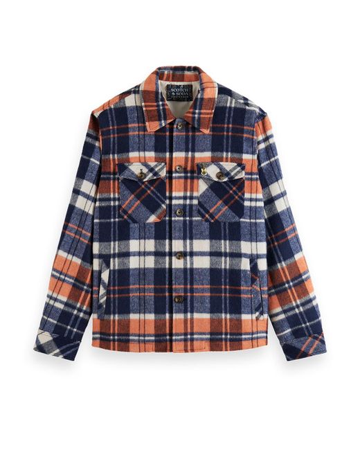 Scotch & Soda Blue Brushed Wool-Blend Checked Overshirt for men