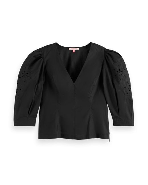 Scotch & Soda Black Top With Broderie Anglaise Sleeve