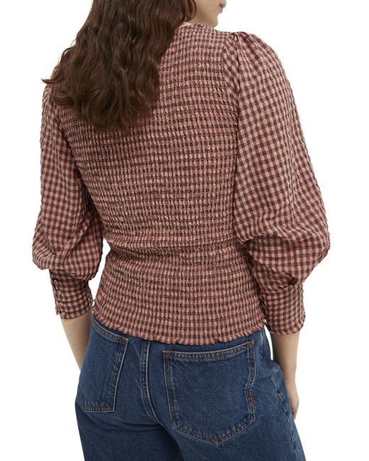 Scotch & Soda Red Seersucker Top With Smock Details And Square Neck