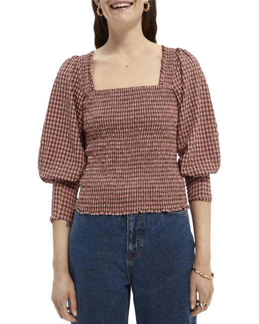 Scotch & Soda Red Seersucker Top With Smock Details And Square Neck