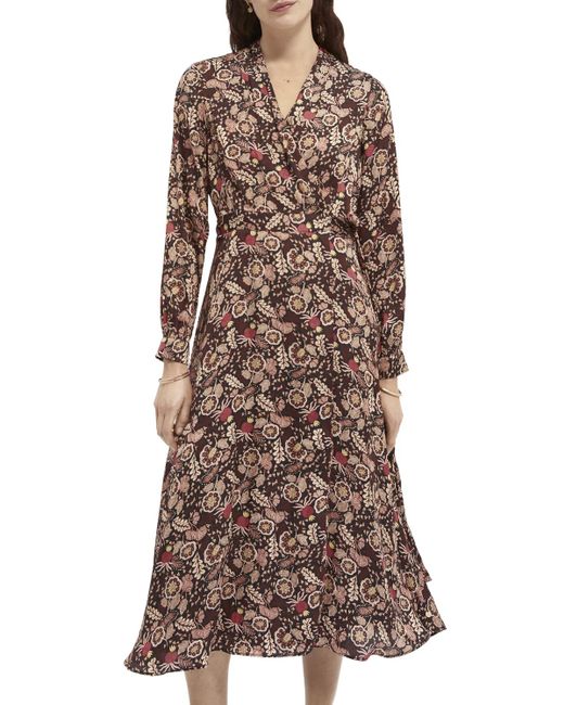 Scotch & Soda Brown 'Floral Print Belted Midi Wrap Dress