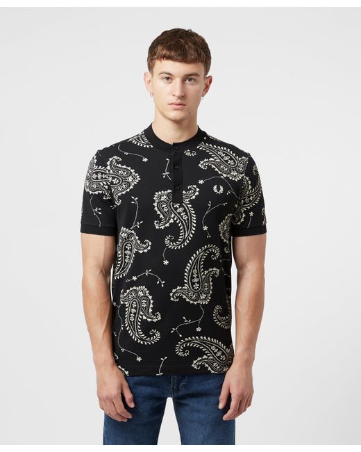 Fred Perry Paisley Henley Polo Shirt in Black for Men | Lyst Canada