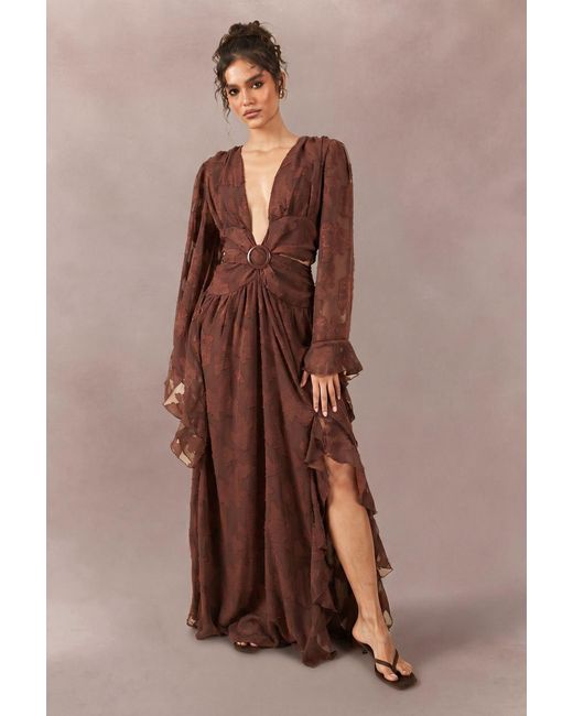 Boohoo Brown Tonal Burnout Plunge Front Maxi Dress